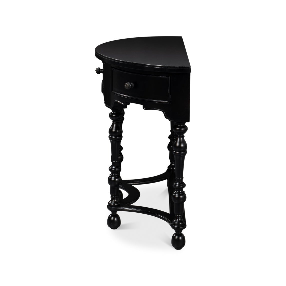 Side profile of demilune console table showing leg design.