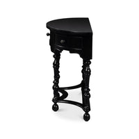 Side profile of demilune console table showing leg design.