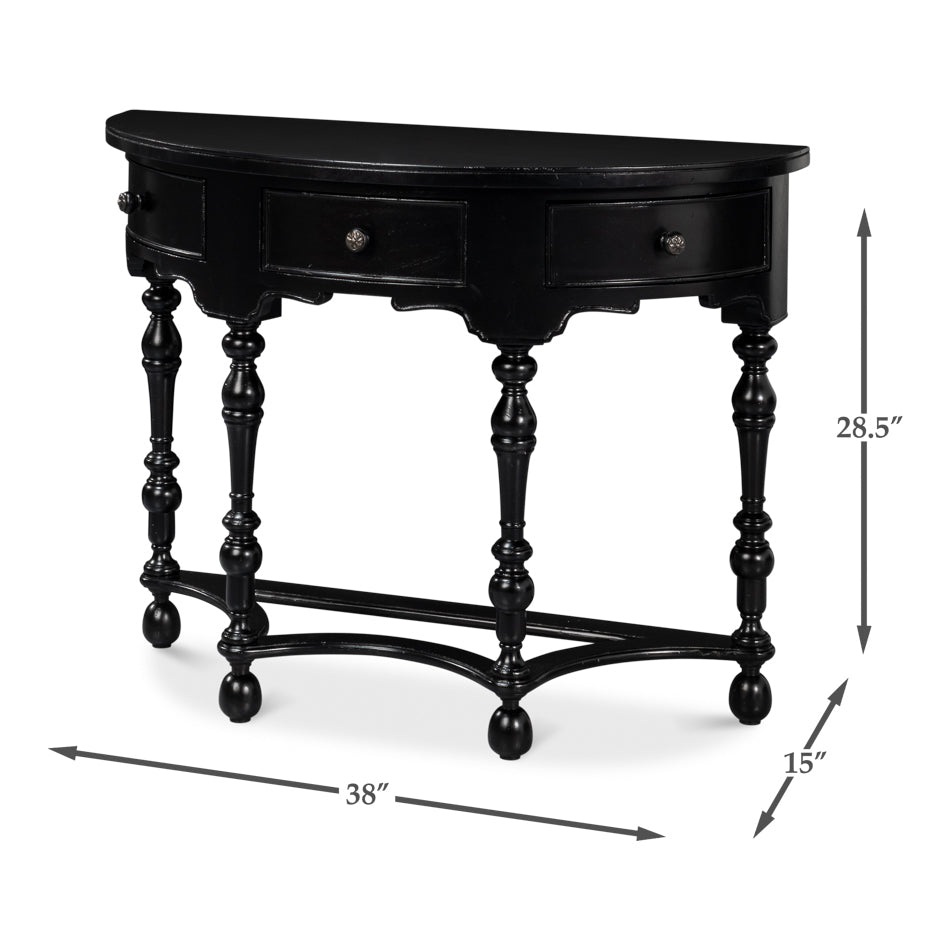 Demilune table dimensions displayed with arrows.
