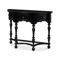 Black demilune console table with three drawers, side view.