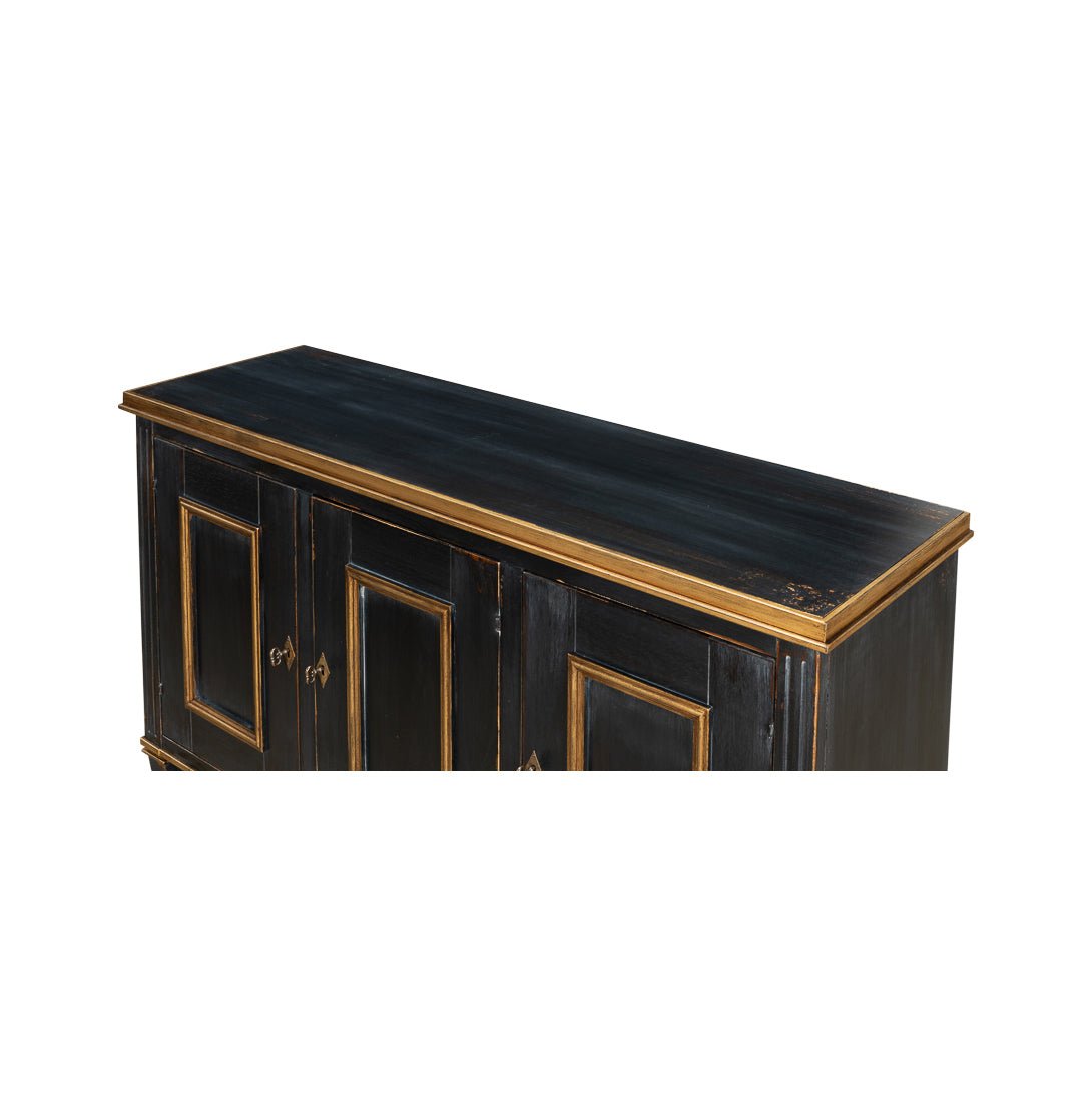 Top view of black French sideboard surface detail.