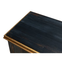 Close-up of black French sideboard wood grain and trim.