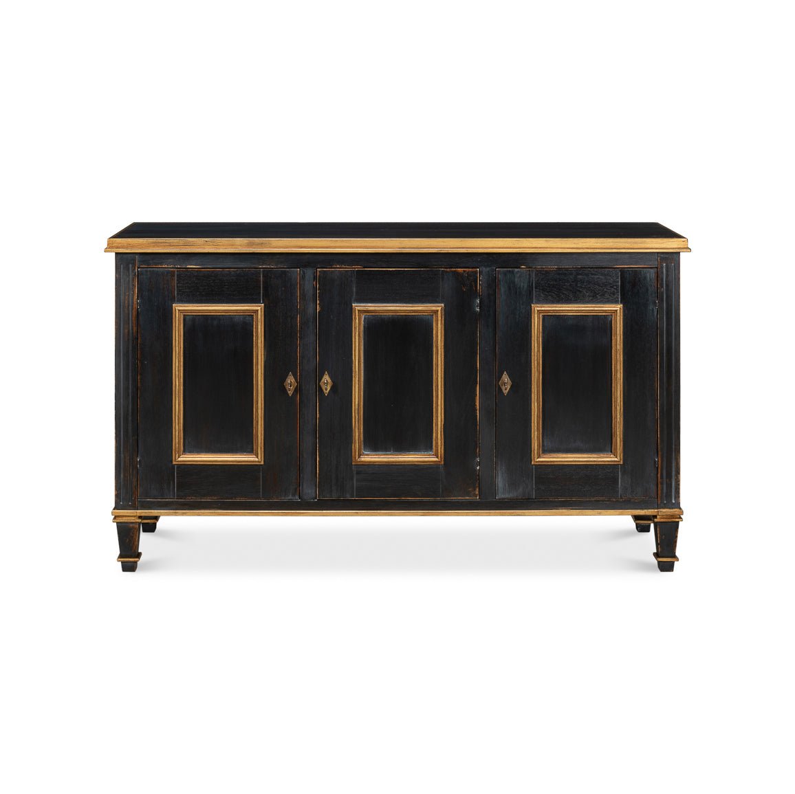 Black French sideboard front view highlighting design.