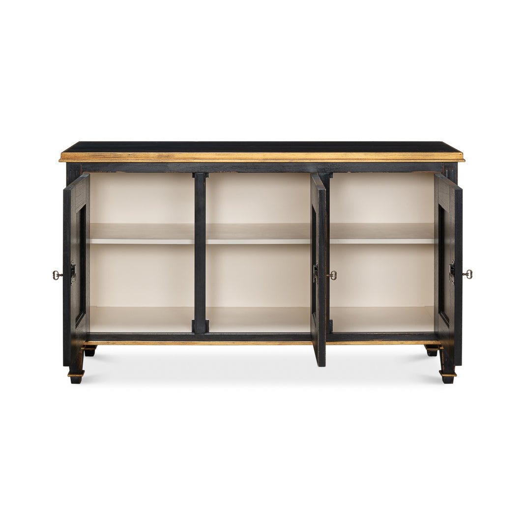 Black French sideboard open showing interior shelves.