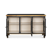 Black French sideboard open showing interior shelves.