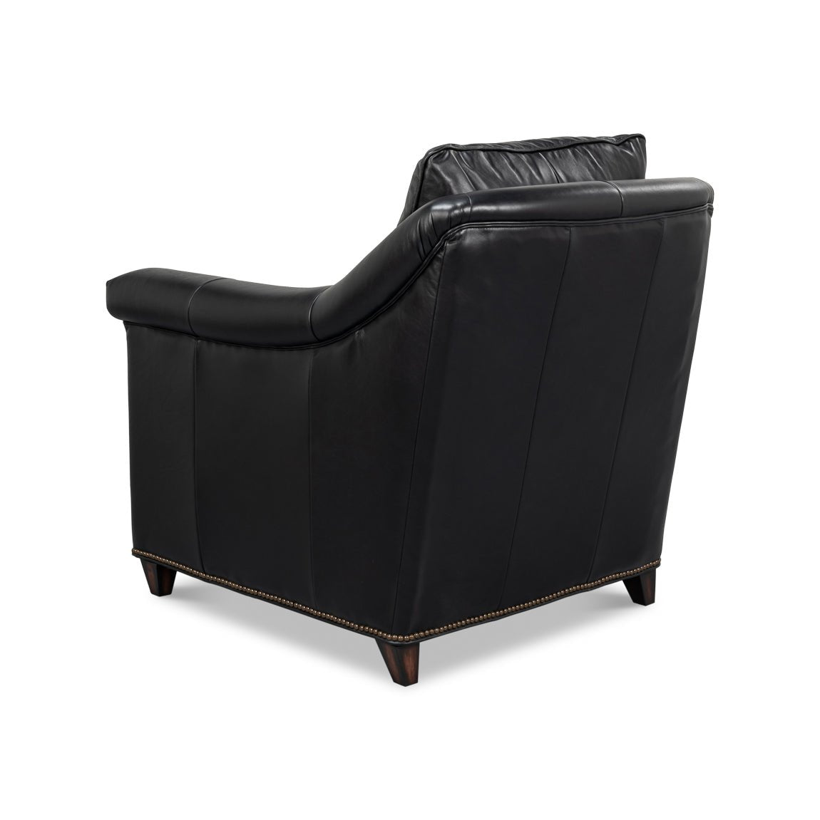 Rear angled view of black leather accent chair.