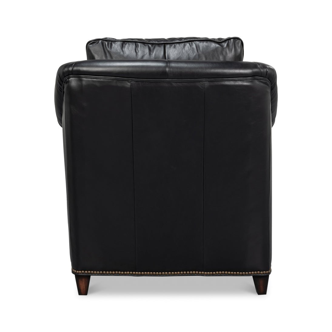 Back view of black leather accent chair with studs.