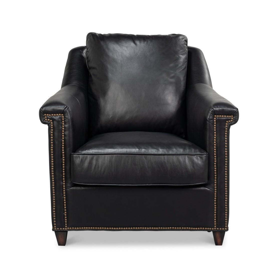 Front view of black leather accent chair with studs.