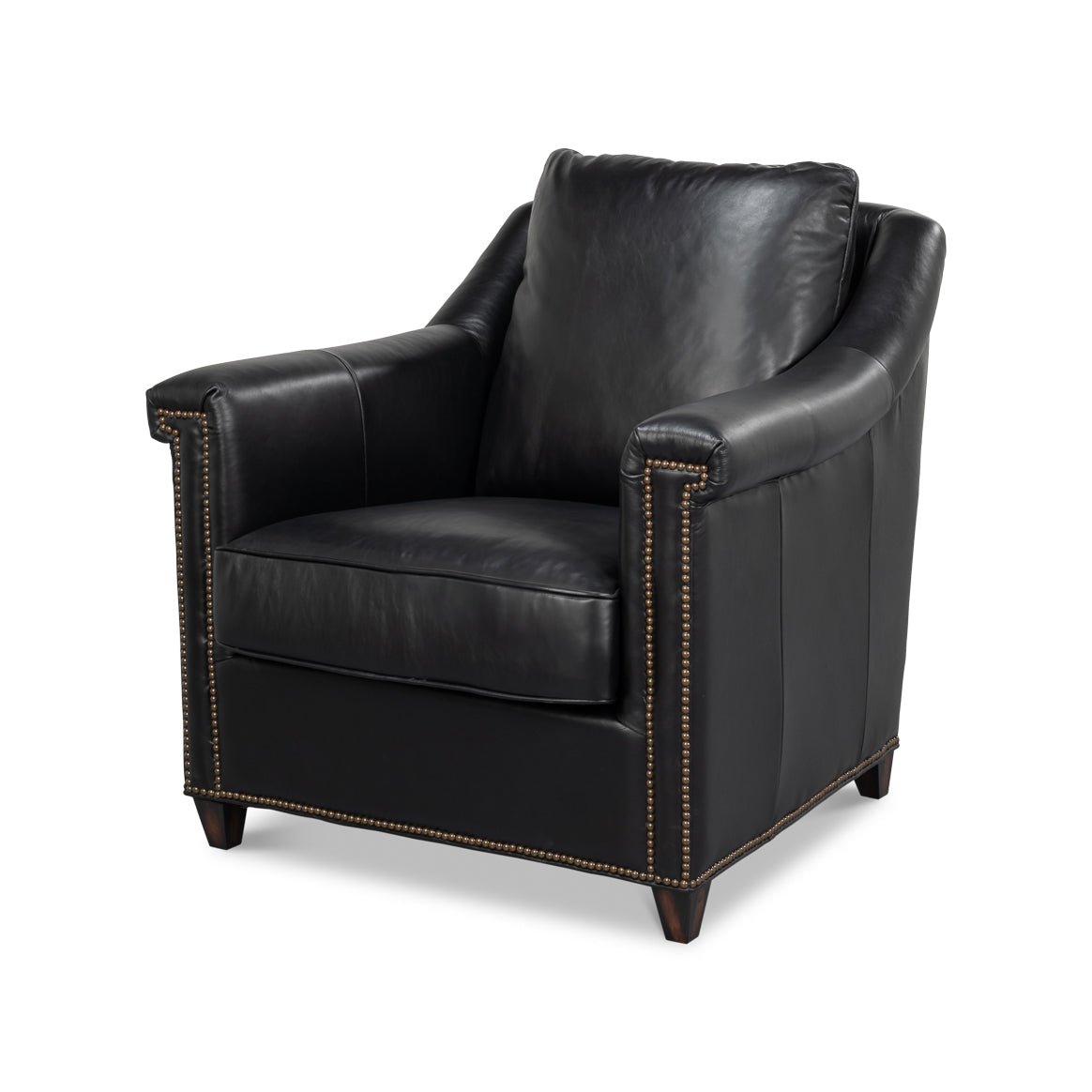 Black leather accent chair angled view with brass studs.