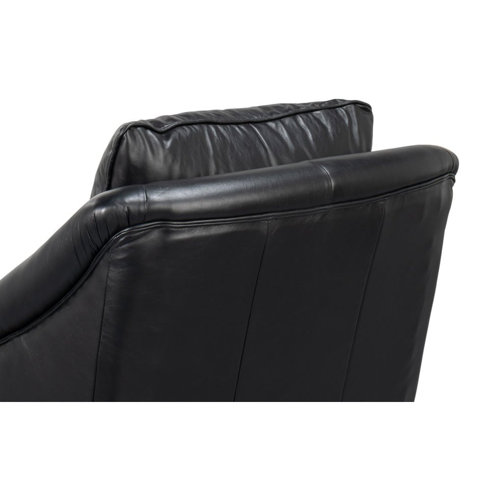 Back cushion design on black leather accent chair.