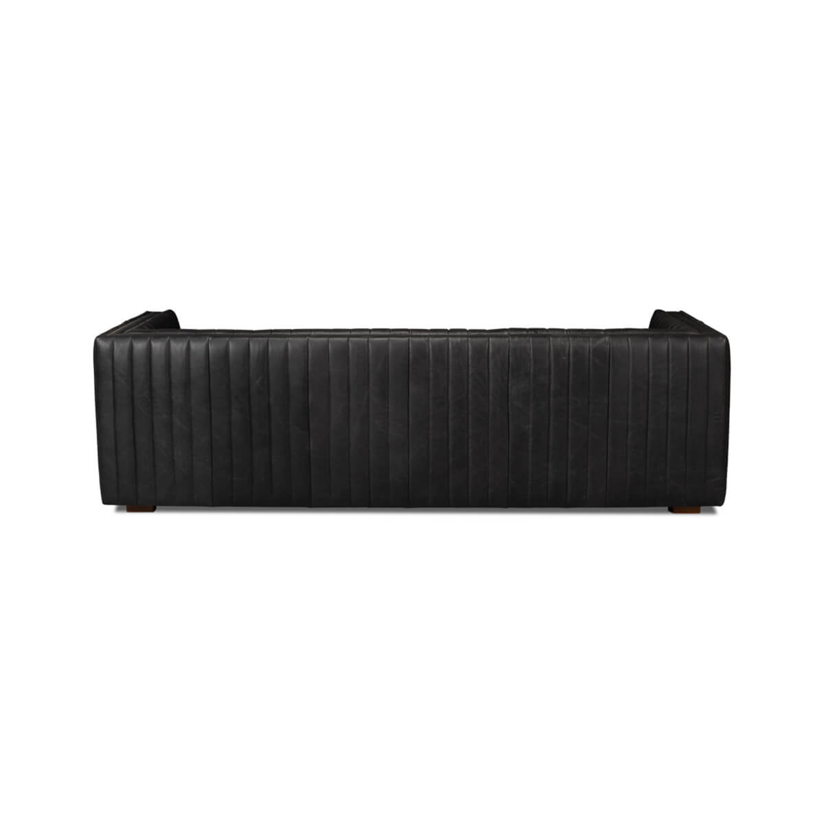 Black leather sofa back view, sleek design.