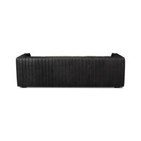 Black leather sofa back view, sleek design.