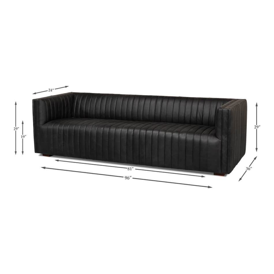 Black leather sofa dimensions, mid-century design.
