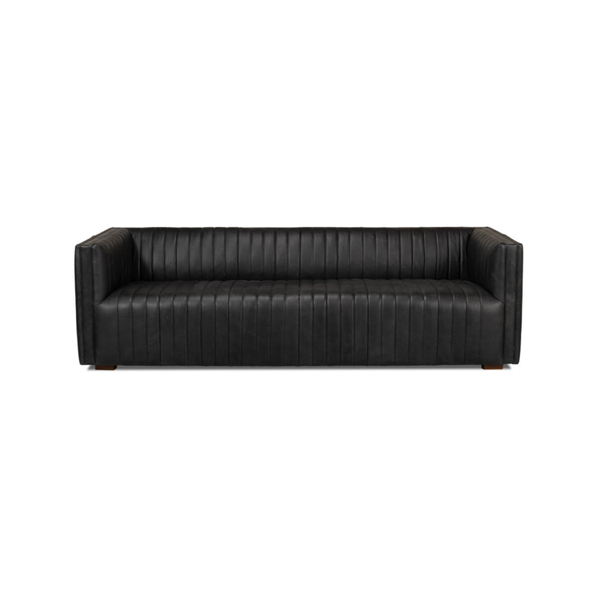 Black leather sofa front view, mid-century design.