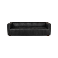 Black leather sofa front view, mid-century design.
