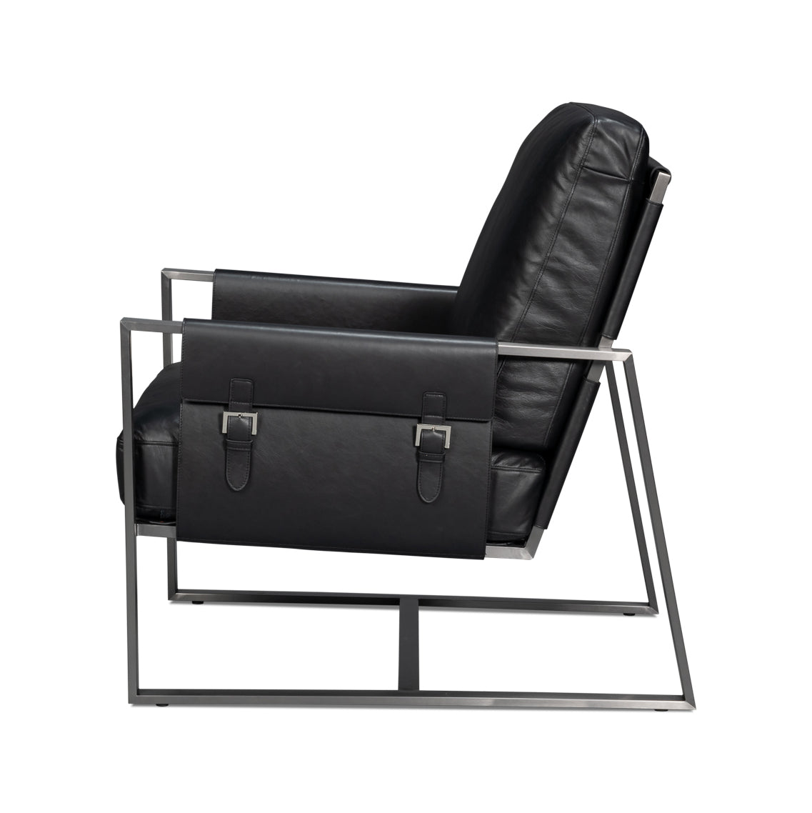 Black leather accent chair, side view.