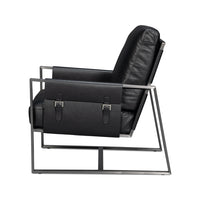 Black leather accent chair, side view.