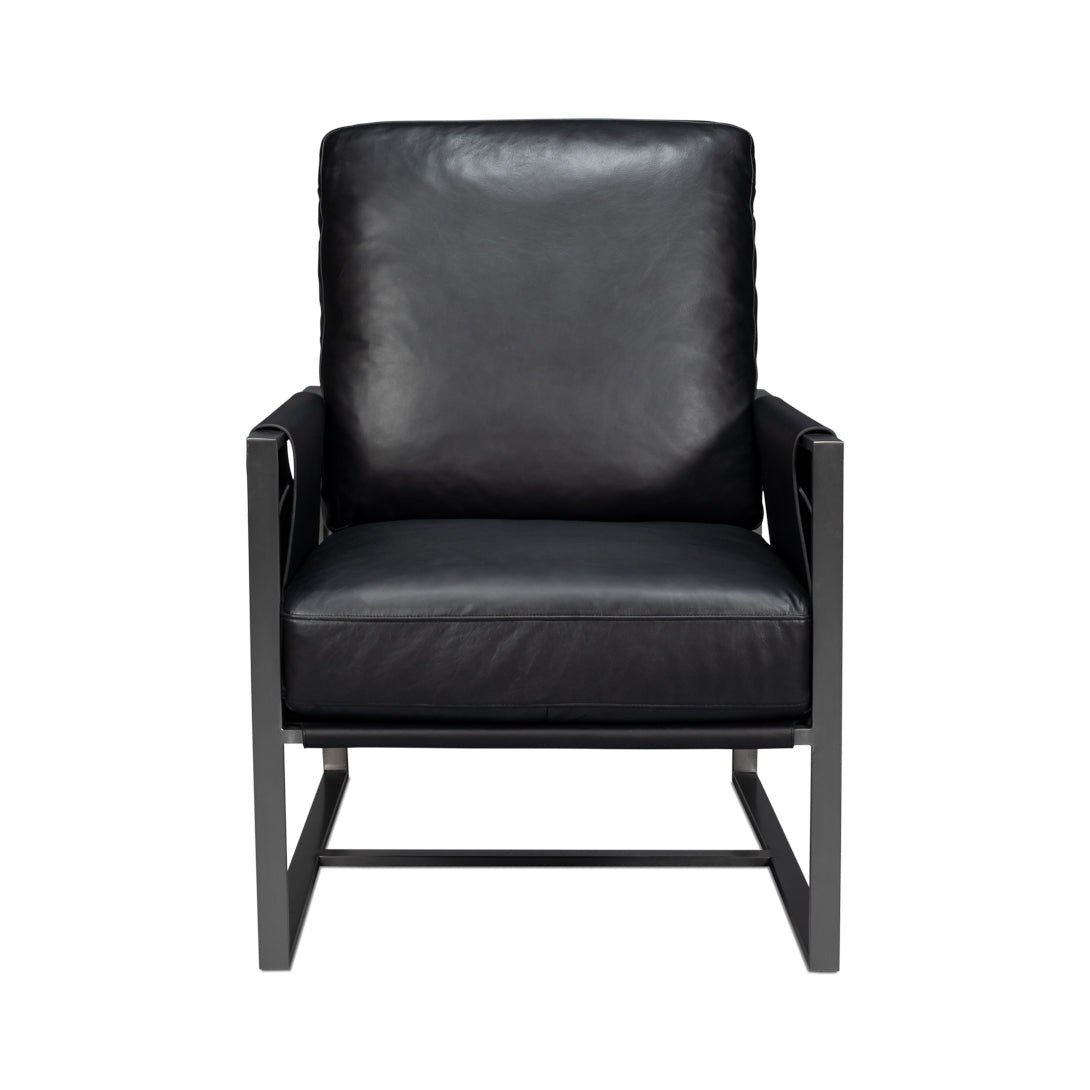 Black leather accent chair, front view.