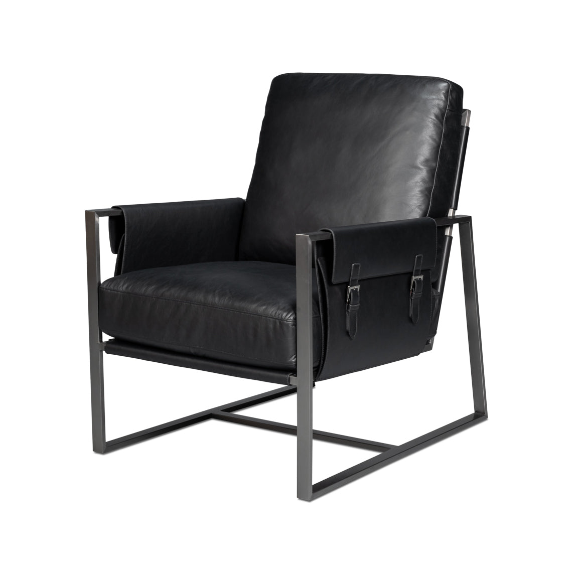 Black leather accent chair, angled front-left view.