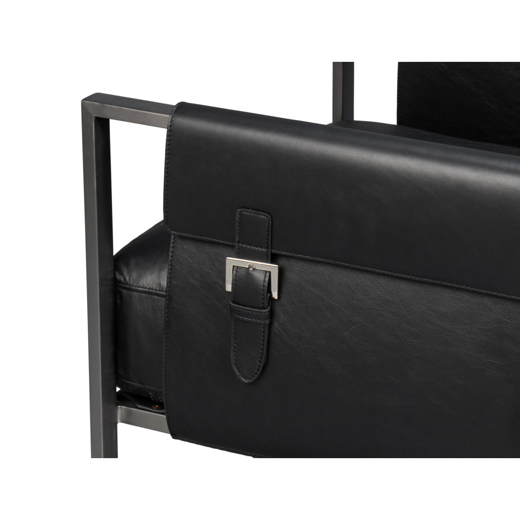 Arm detail with buckle, black leather accent chair.
