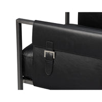 Arm detail with buckle, black leather accent chair.