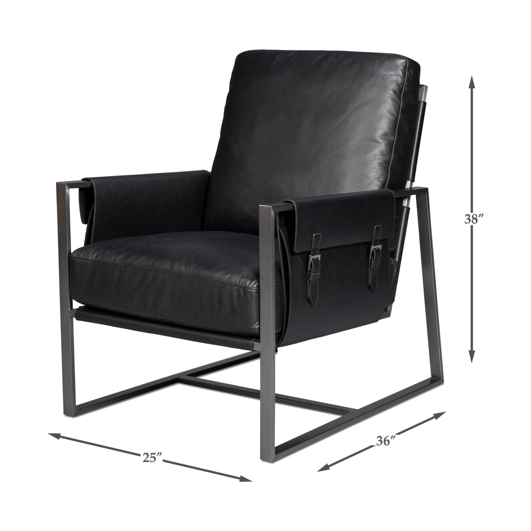 Black leather accent chair dimensions, angled front-left view.