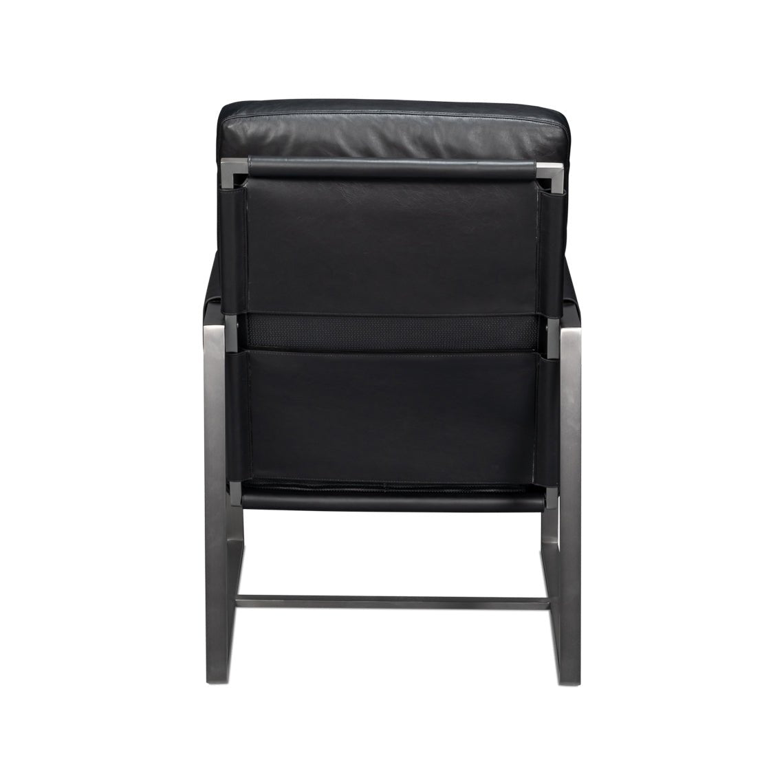 Black leather accent chair, rear view.