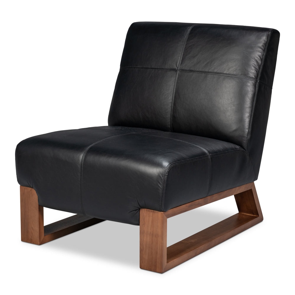 Armless slipper chair in black top-grain leather on a medium brown oak sled base
