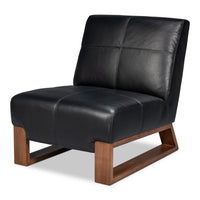 Armless slipper chair in black top-grain leather on a medium brown oak sled base