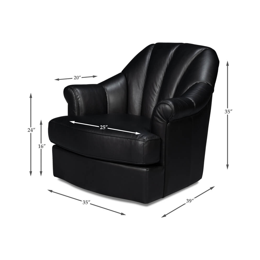 Black swivel chair dimensions, illustrated with measurements.