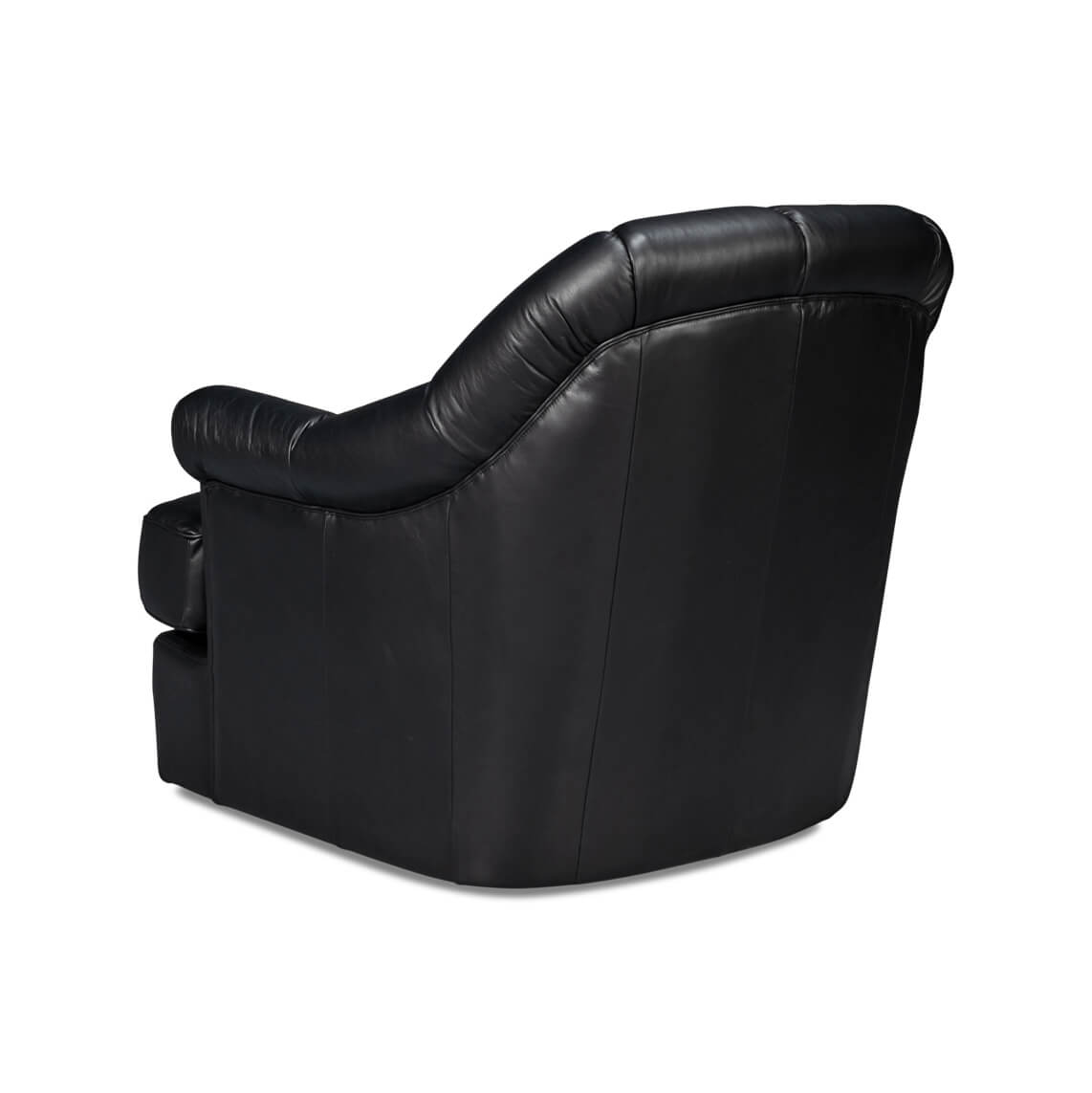 Angled rear view of black swivel chair, upholstered design.