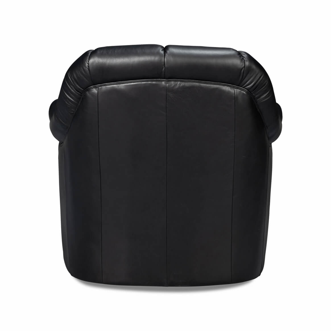Back view of swivel chair, seamless black leather.