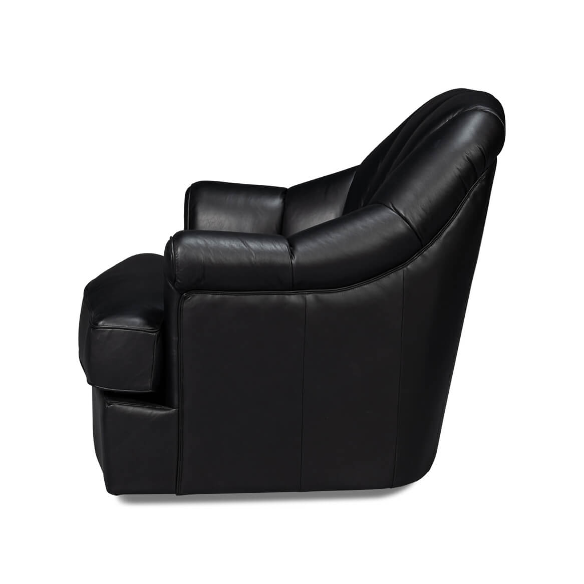 Side profile of black swivel chair, leather finish.