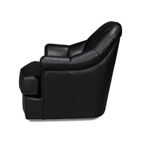 Side profile of black swivel chair, leather finish.