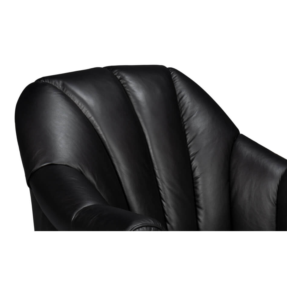 Upholstered back design detail of black swivel chair.