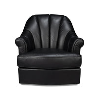 Front view of black leather swivel chair, padded design.