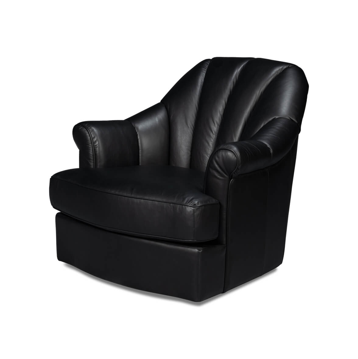 Black swivel chair angled view, black leather upholstery.