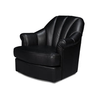 Black swivel chair angled view, black leather upholstery.