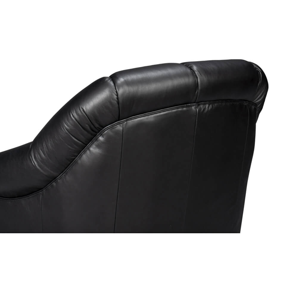 Close-up of chair back, smooth black leather texture.