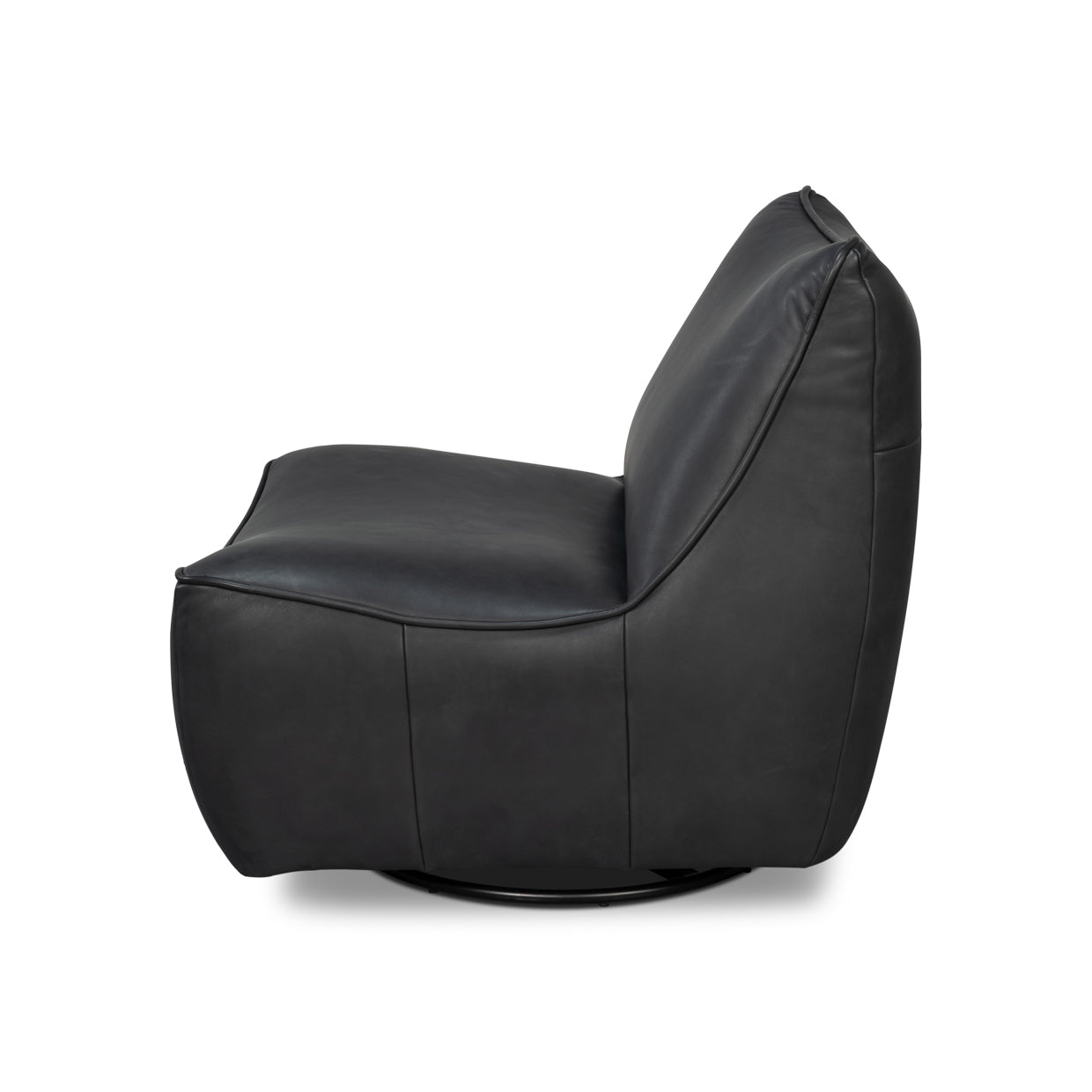 Black leather swivel slipper chair side profile view.