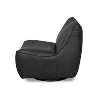 Black leather swivel slipper chair side profile view.