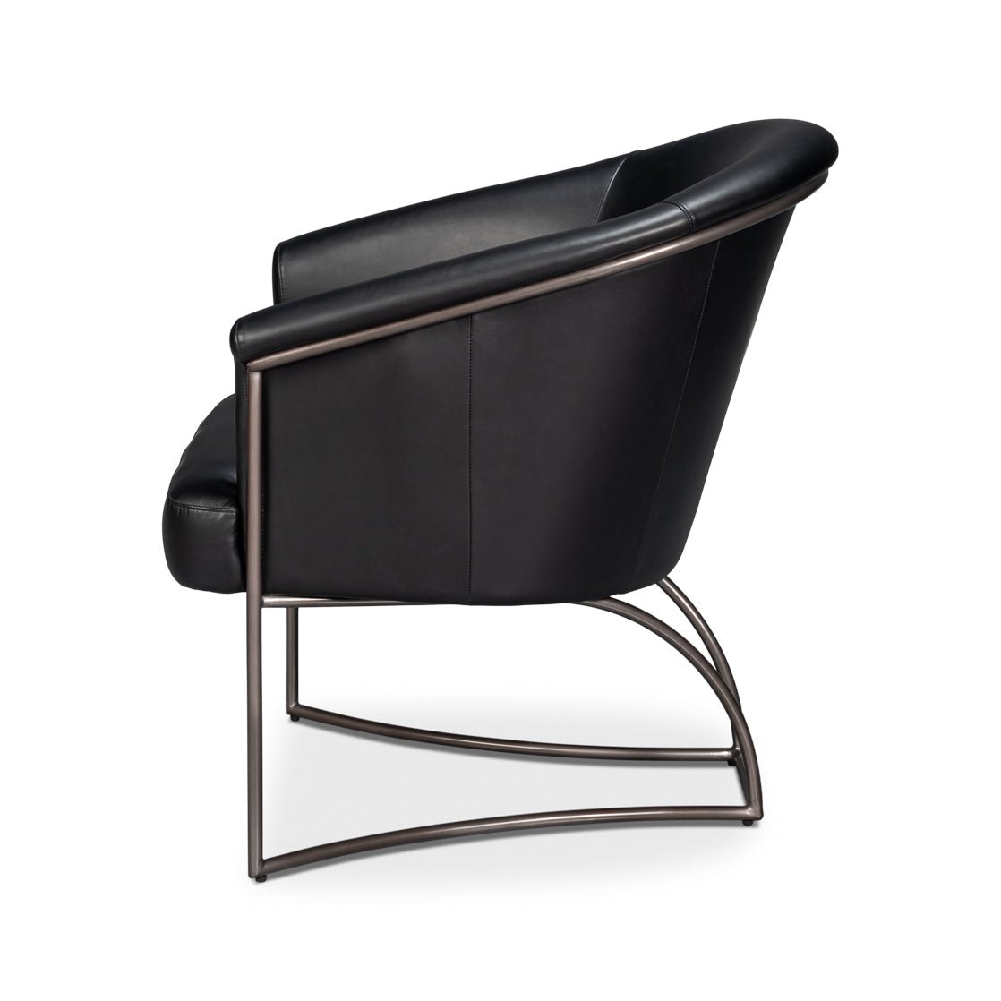 Black leather tub chair right side profile.