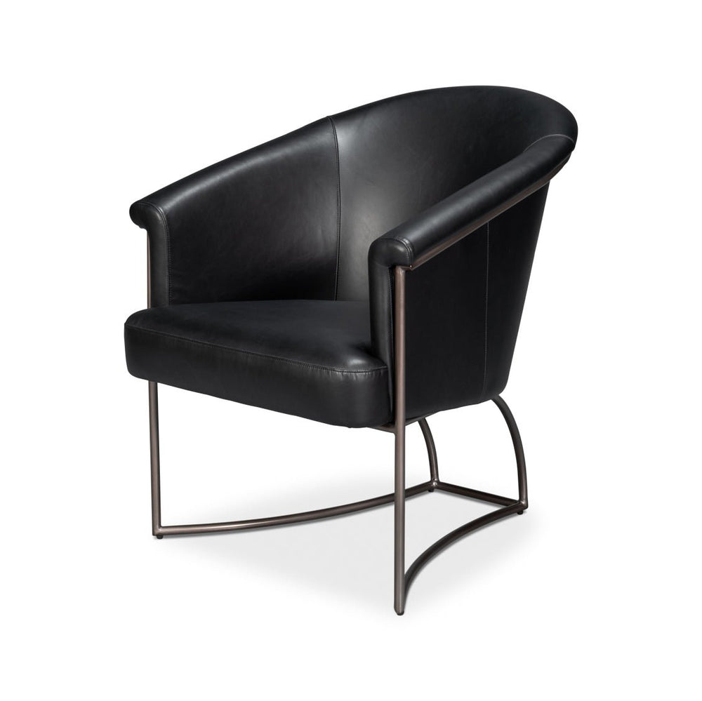 Black leather tub chair angled front view.