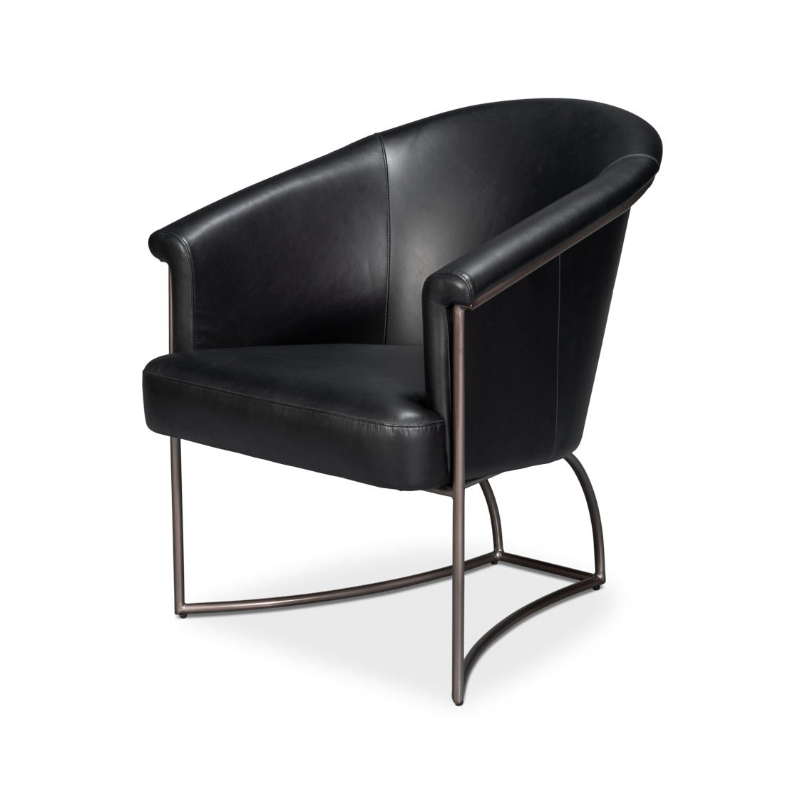 Black leather tub chair angled front view.