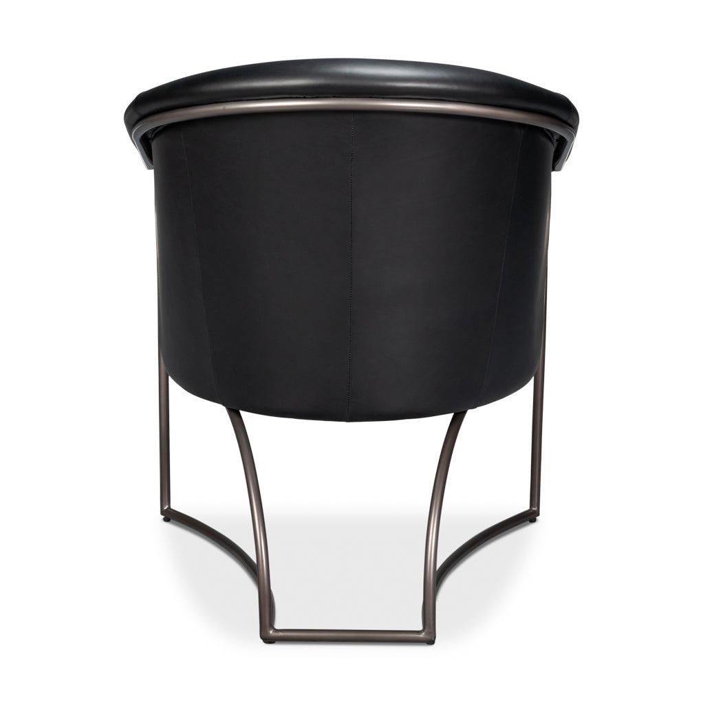 Black leather tub chair back view.