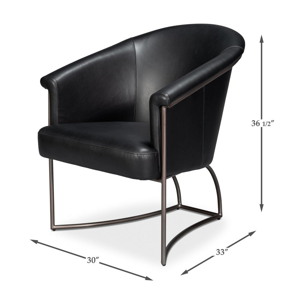 Black leather tub chair with dimensions.