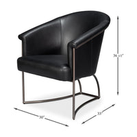 Black leather tub chair with dimensions.
