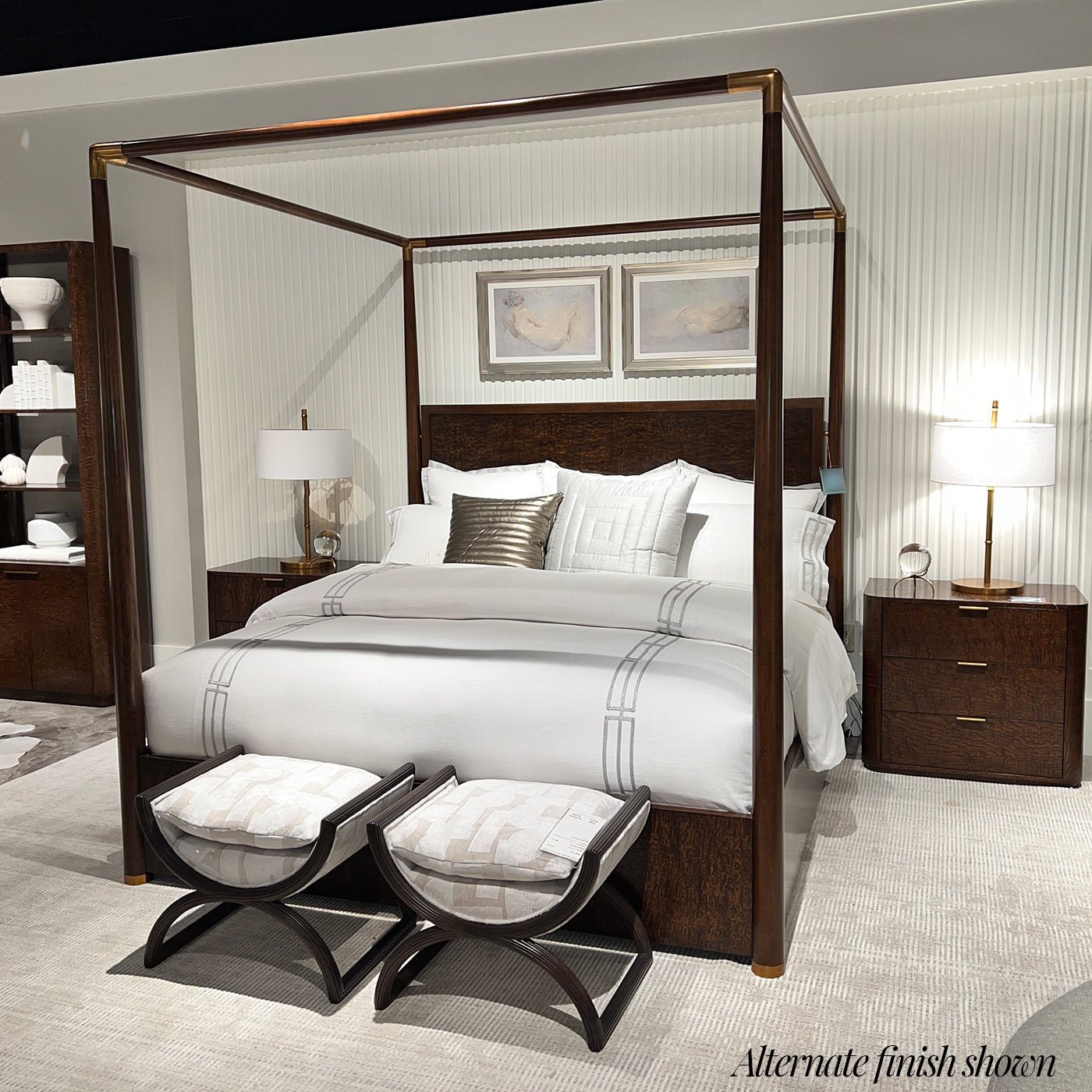 Brown alternate finish canopy bed with matching ottomans.