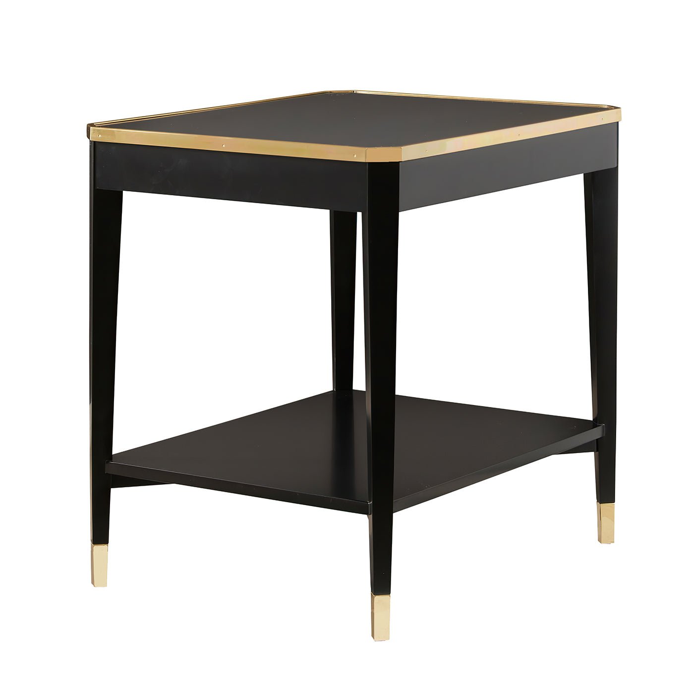 Black mid-century end table with gold accents.