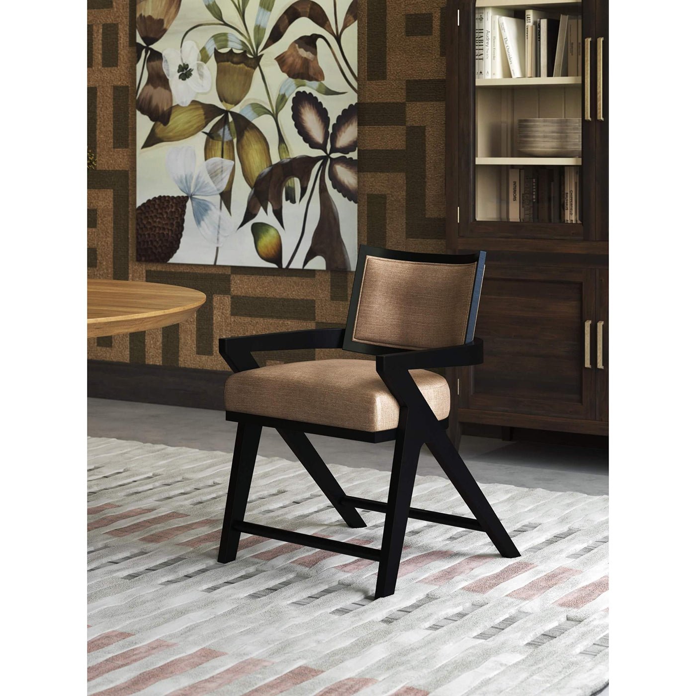 Single Black Mid-Century Armchair in dining room setting.